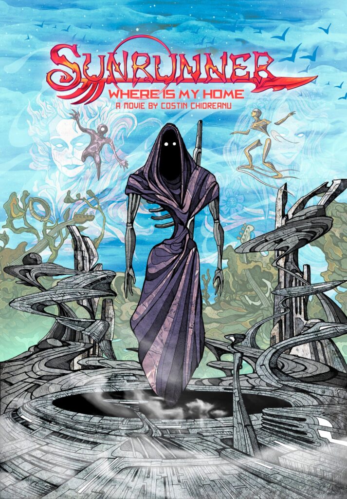 A man in black robes standing on top of a spiral.